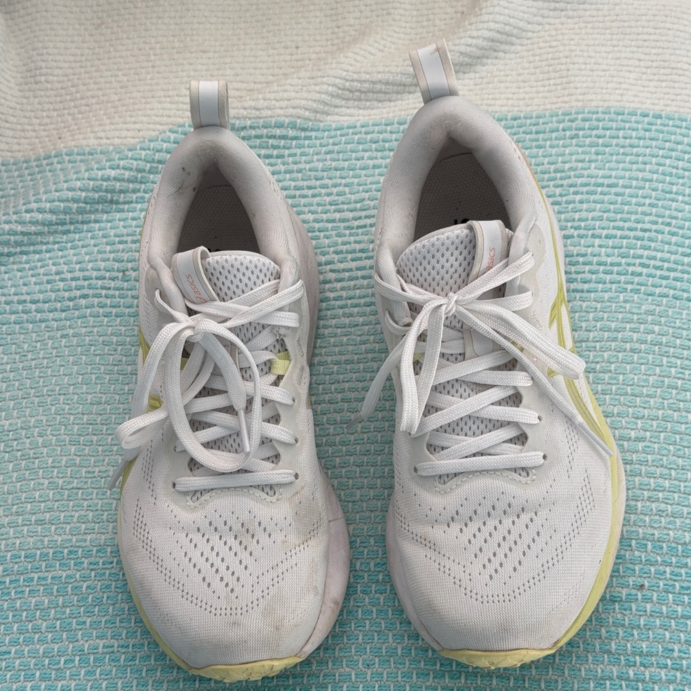 White and Yellow Asics Sneakers